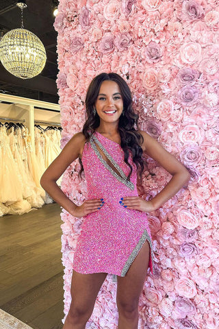 Cute Bodycon One Shoulder Pink Sequins Short Homecoming Dress with Beading AB24072404
