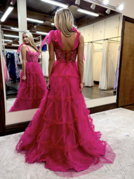 Fairy A Line Sweetheart Fuchsia Tiered Tulle Long Prom Dresses with Appliques AB24102010