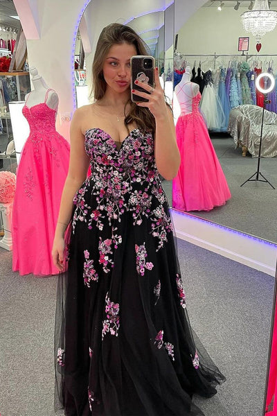 A Line Strapless Black Tulle Long Prom Dress with Appliques AB4031704