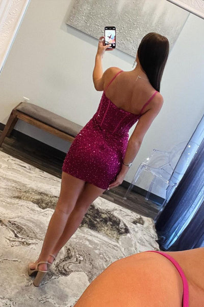 Cute Bodycon Sweetheart Fuchsia Sequins Homecoming Dresses AB2407111