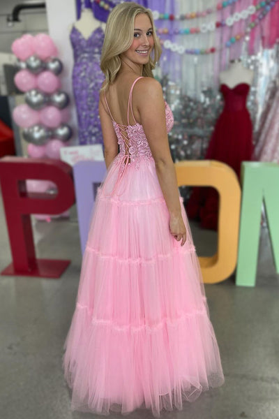 A-Line Spaghetti Straps Pink Tulle Long Prom Dress with Appliques AB4030901