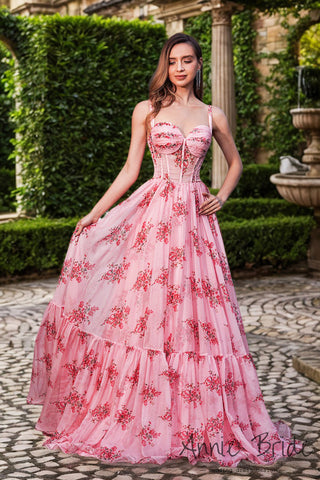 Cute A Line Sweetheart Blush Pink Floral Printed Prom Dress AB241227010