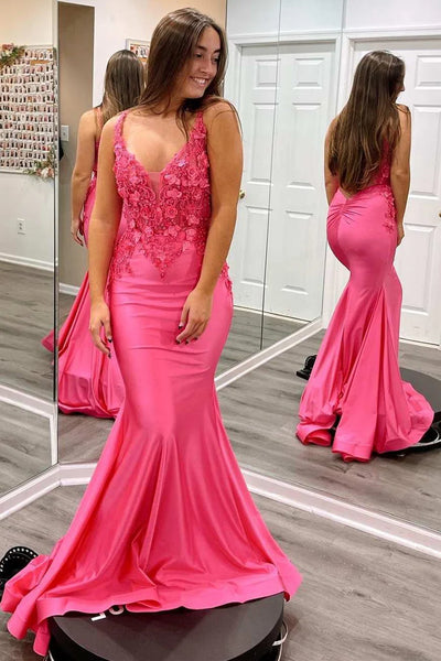 Charming Mermaid V Neck Fuchsia Sparkly Satin Long Prom Dresses with Appliques AB24101702