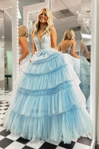 Pretty A-Line V Neck Sky Blue Ruffle Tiered Tulle Long Prom Dress AB4052601