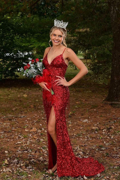 Sparkly Mermaid V Neck Dark Red Sequins Long Prom Dresses with Beading AB24092102