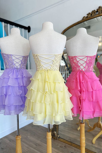 Cute A Line Sweetheart Daffodial Chiffon Tiered Short Homecoming Dresses AB24071307