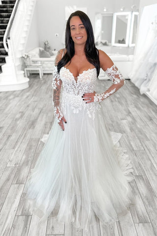 Fairy A Line Sweetheart Tulle Long Wedding Dresses with Appliques AB24101506