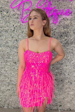 Sweet Bodycon Sweetheart Hot Pink Sequins Lace Short Homecoming Dresses with Feather AB081202