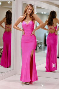 Fuchsia Cowl Neck Satin Mermaid Long Prom Dress with Beading AB4041203