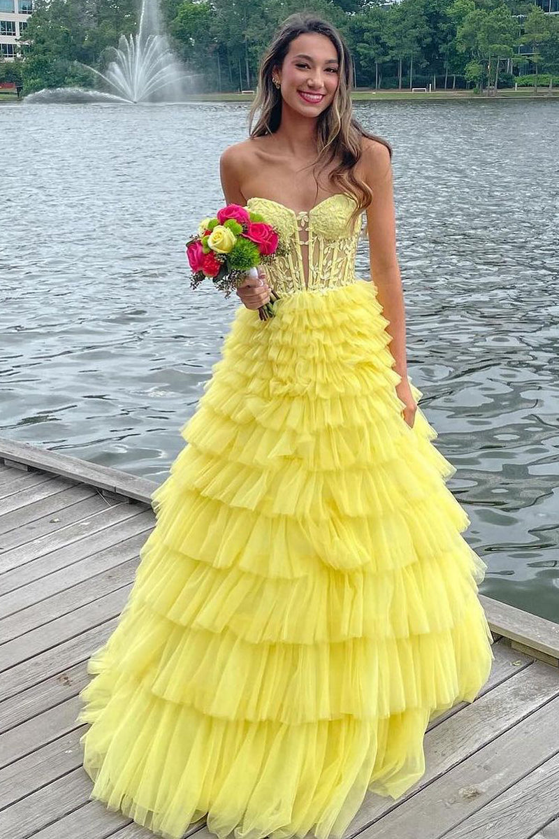 Charming A-Line Strapless Yellow Ruffle Tiered Tulle Long Prom Dress AB4051904