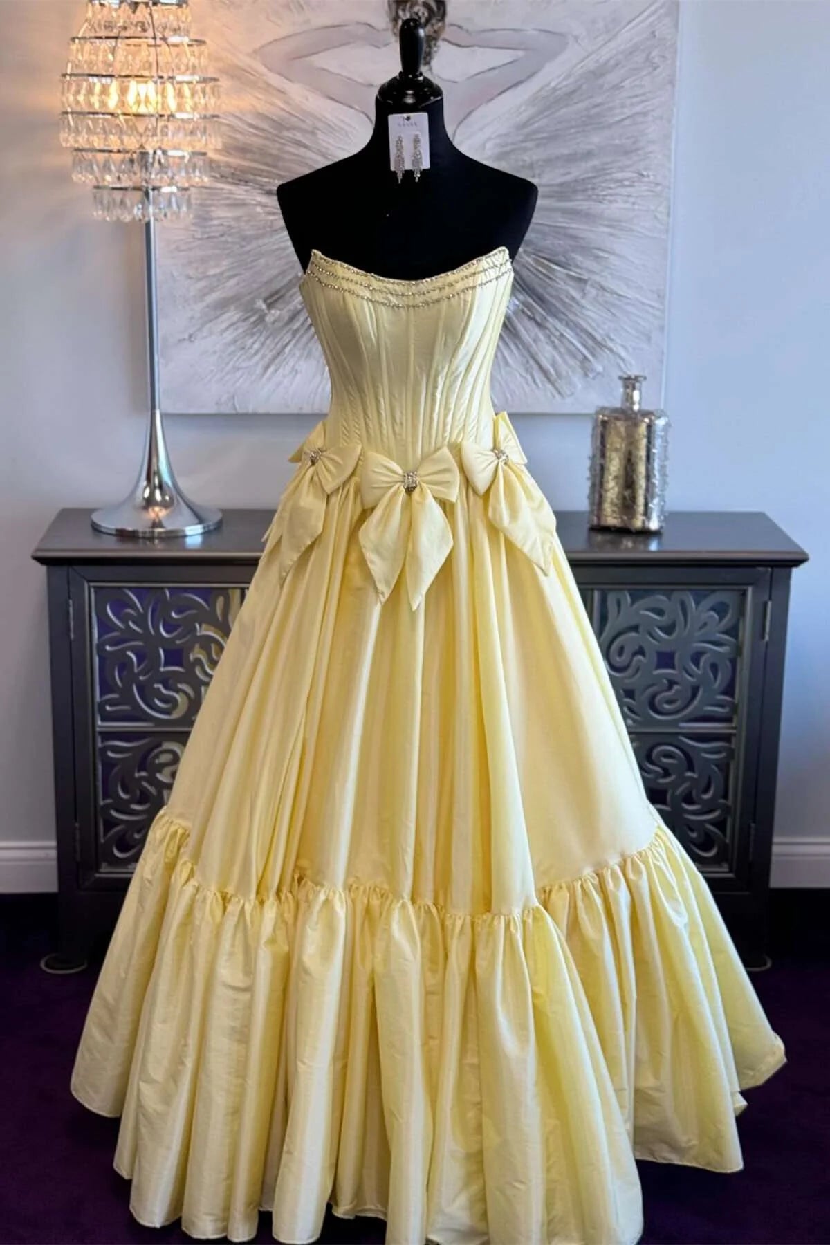 Ball Gown Scoop Neck Yellow Satin Prom Dresses with Bow AB24122613