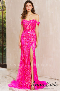 Cute Mermaid Off the Shoulder Hot Pink Sequins Long Prom Dress AB4010203