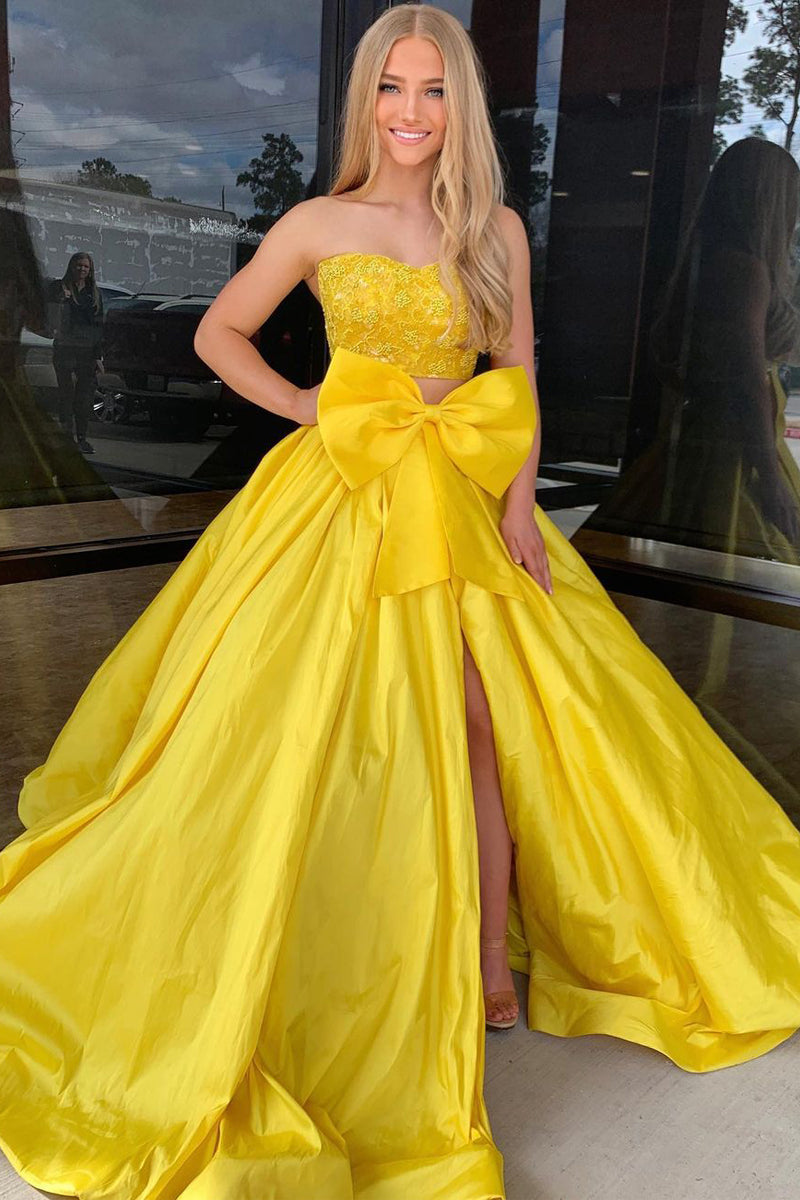 Two Piece Strapless Yellow Satin Long Prom Dresses with Bow AB4030805