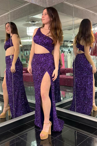 Mermaid One Shoulder Cutout Purple Sequins Long Prom Dress AB4050903