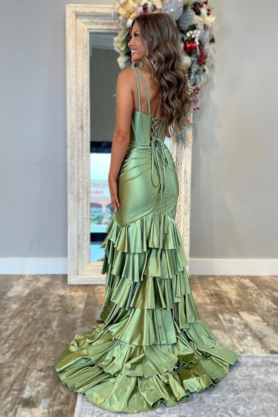 Cute Mermaid V Neck Sage Green Satin Long Prom Dress with Slit AB24122403