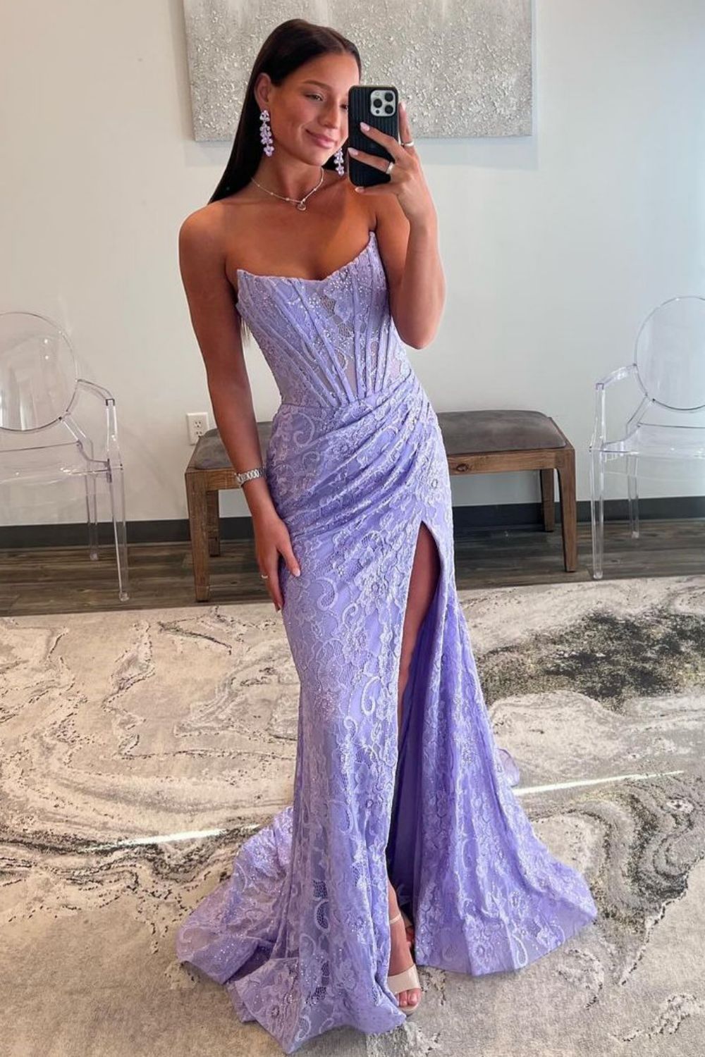 Lilac Mermaid Strapless Sweep Train Lace Prom Dress With Slit AB4040903