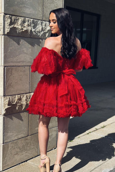 Cute A Line Off the Shoulder Red Tulle Short Homecoming Dresses AB070704