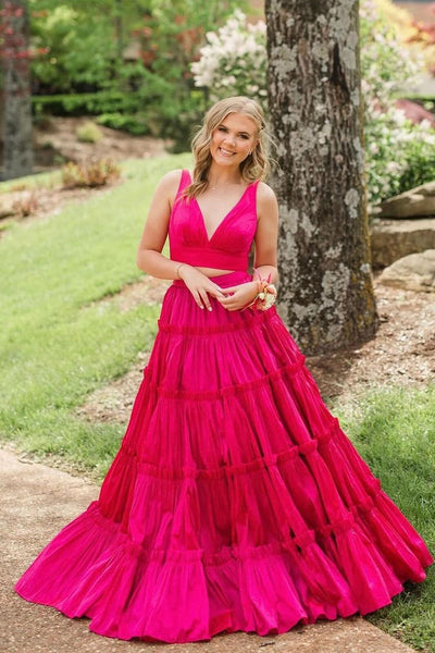 Pretty V Neck Two Piece Pink Satin Long Prom Dress AB4051605