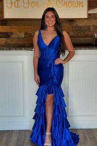 Charming Mermaid V Neck Royal Blue Tiered Satin Long Prom Dresses with Slit AB242111