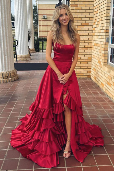 Charming A Line Scoop Neck Red Satin Prom Dresses with Slit AB24091808