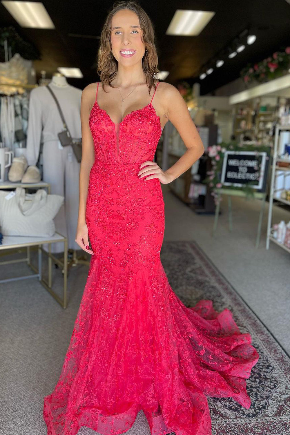 Charming Mermaid V Neck Fuchsia Lace Prom Dresses with Beading AB24103003