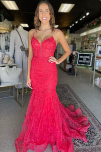 Charming Mermaid V Neck Fuchsia Lace Prom Dresses with Beading AB24103003