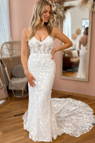 Luxurious Mermaid V Neck Lace Wedding Dresses with Appliques AB24070606