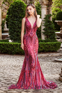 Charming Mermaid V Neck Fuchsia Red Sequins Prom Dress AB24122714