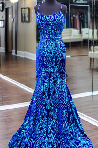 Sparkly Mermaid Scoop Neck Blue Sequins Long Prom Dresses AB100403