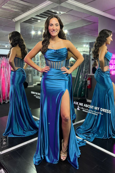 Charming Mermaid Cowl Neck Satin Slit Prom Dresses