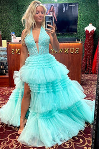 Ball Gown Halter Ruffle Tiered Long Prom Dress AB4020604