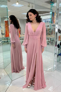 Charming A Line V Neck Chiffon Long Sleeves Wedding Guest Dress