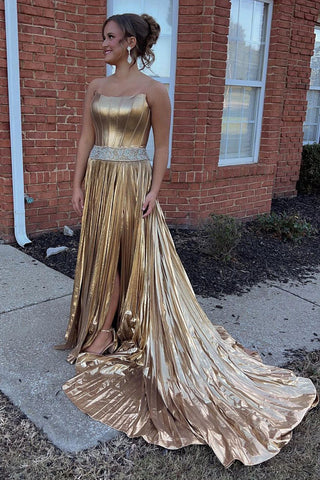 Charming A Line Scoop Neck Gold Satin Long Prom Dresses with Beading AB24101307