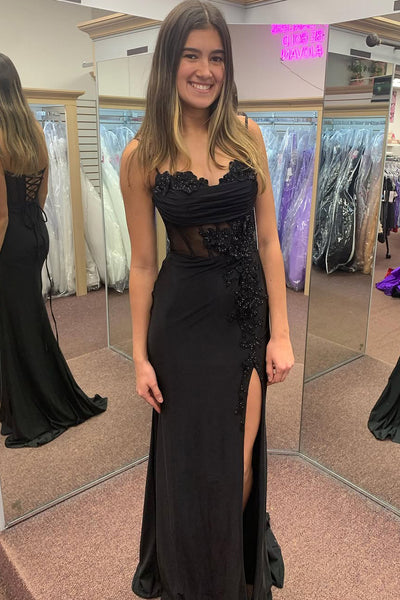 Charming Mermaid Sweetheart Neck Black Satin Prom Dress with Appliques AB24120301