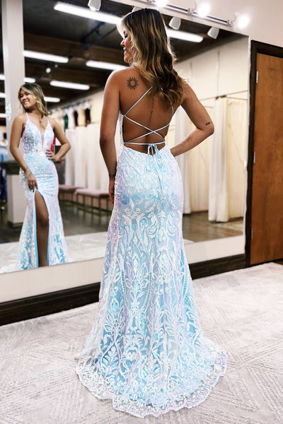 Cute Mermaid V Neck Blue Sequins Lace Slit Prom Dresses Party Dresses