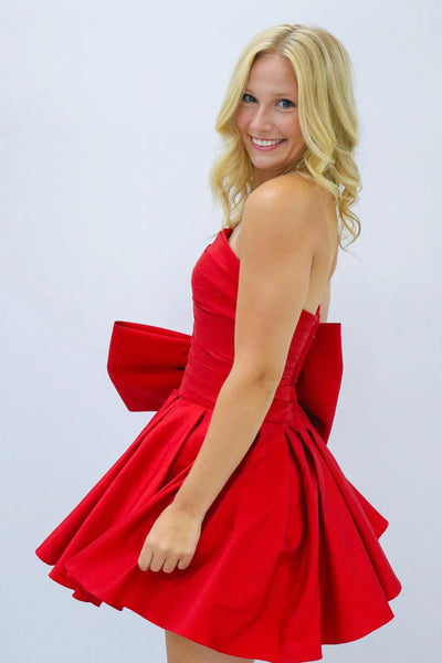 Cute A-Line Strapless Red Satin Short Homecoming Dresses with Bow AB24082801