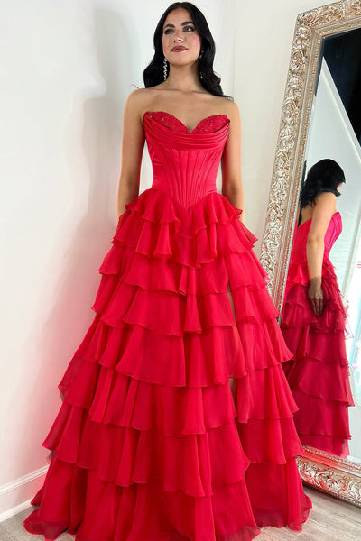 Cute A Line Sweetheart Red Chiffon Tiered Long Prom Dresses with Slit AB24120907