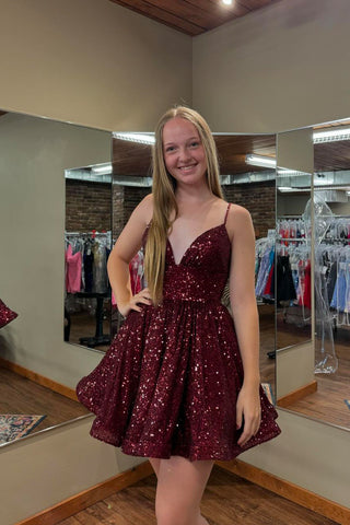 Cute A Line V Neck Burgundy Sequins Short Homecoming Dresses AB24092306