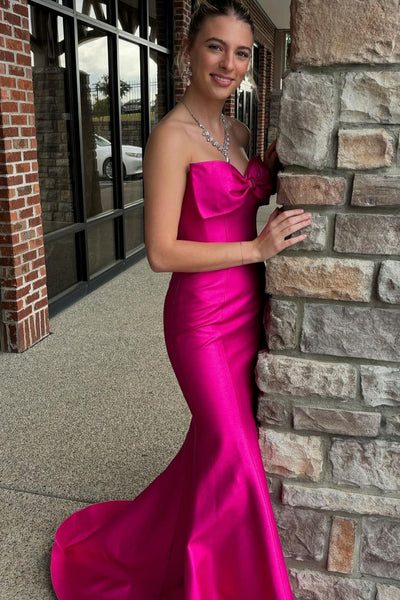 Cute Mermaid Sweetheart Fuchsia Satin Long Prom Dresses with Bow AB24110407