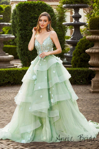 Gorgeous Ball Gown V Neck Sage Green Tulle Long Prom Dress with Appliques AB24122706