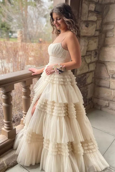 Cute Ball Gown Scoop Neck Champagne Tiered Tulle Prom Dress wirh Slit AB4060404