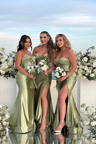 Charmign Mermaid Sweetheart Sage Green Long Bridesmaid Dresses with Slit AB24062706