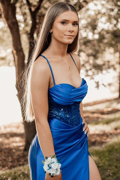 Charming Mermaid Sweetheart Royal Blue Satin Long Prom Dresses AB24102508