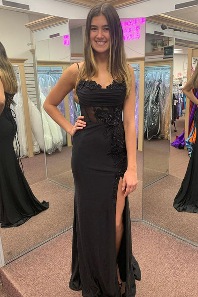 Charming Mermaid Sweetheart Neck Black Satin Prom Dress with Appliques AB24120301