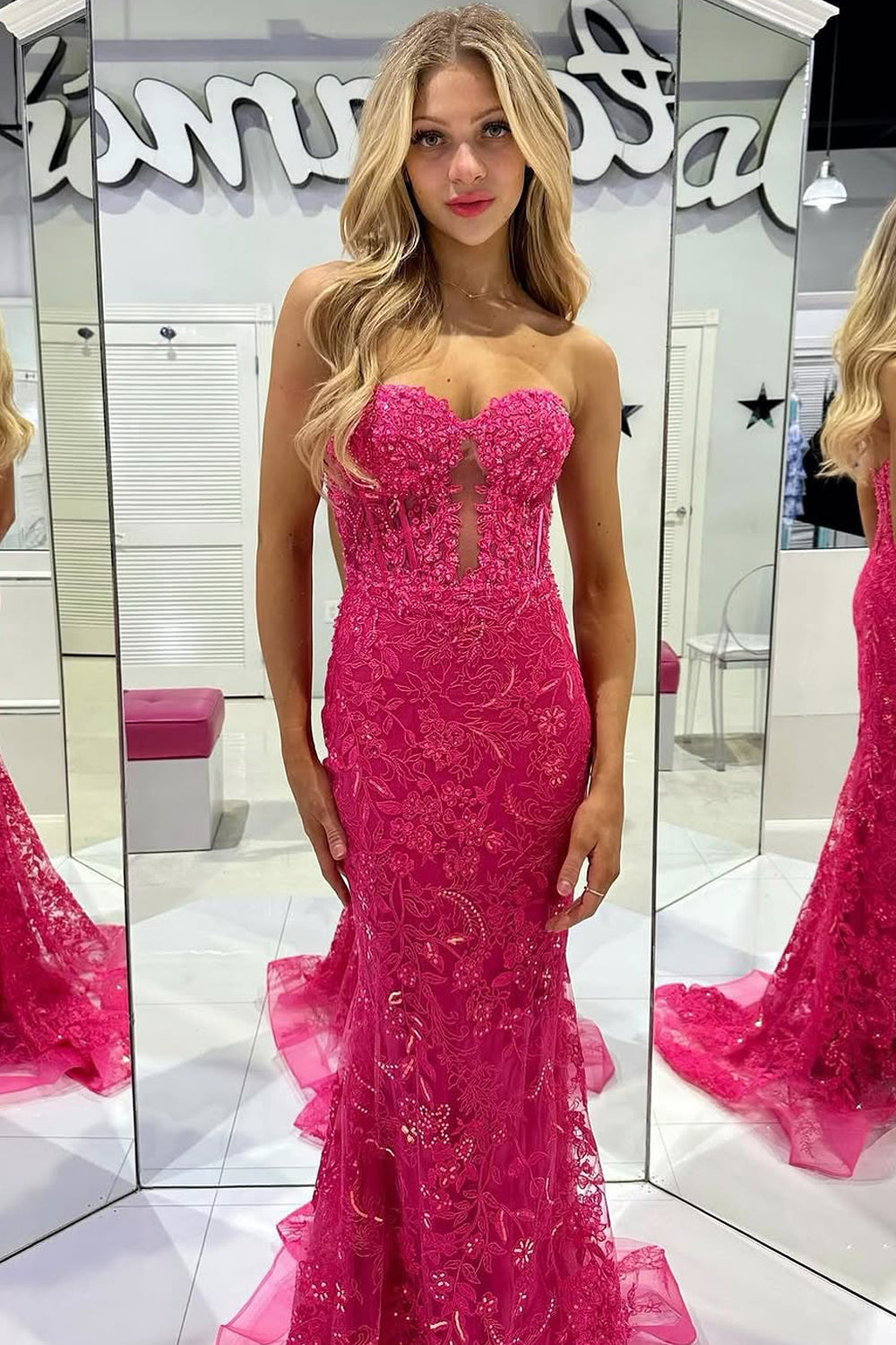 Charming Mermaid Sweetheart Keyhole Fuchsia Lace Prom Dress with Appliques AB25012303