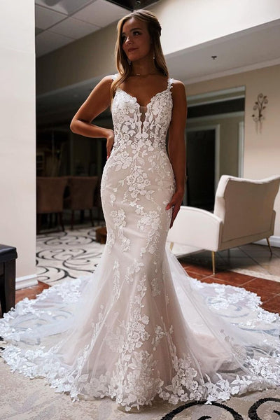 Fairy Mermaid V Neck Lace Long Beach Wedding Dresses AB24101905