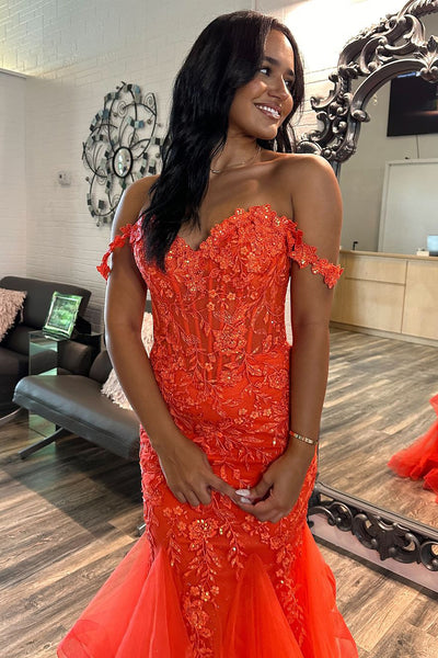 Charming Mermaid Off the Shoulder Orange Lace Long Prom Dresses with Appliques