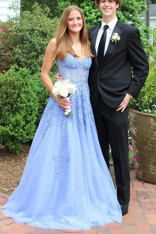 Cute A Line Sweetheart Blue Tulle Long Prom Dresses with Appliques AB24100908