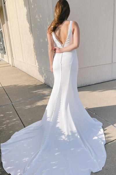 Elegant Mermaid Deep V Neck White Satin Bridal Dresses with Beading AB24112117