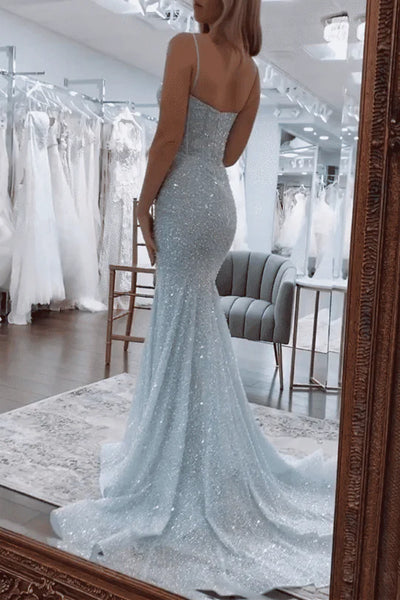 Charming Mermaid Sweetheart Light Sky Blue Sequins Long Prom Dresses AB121201